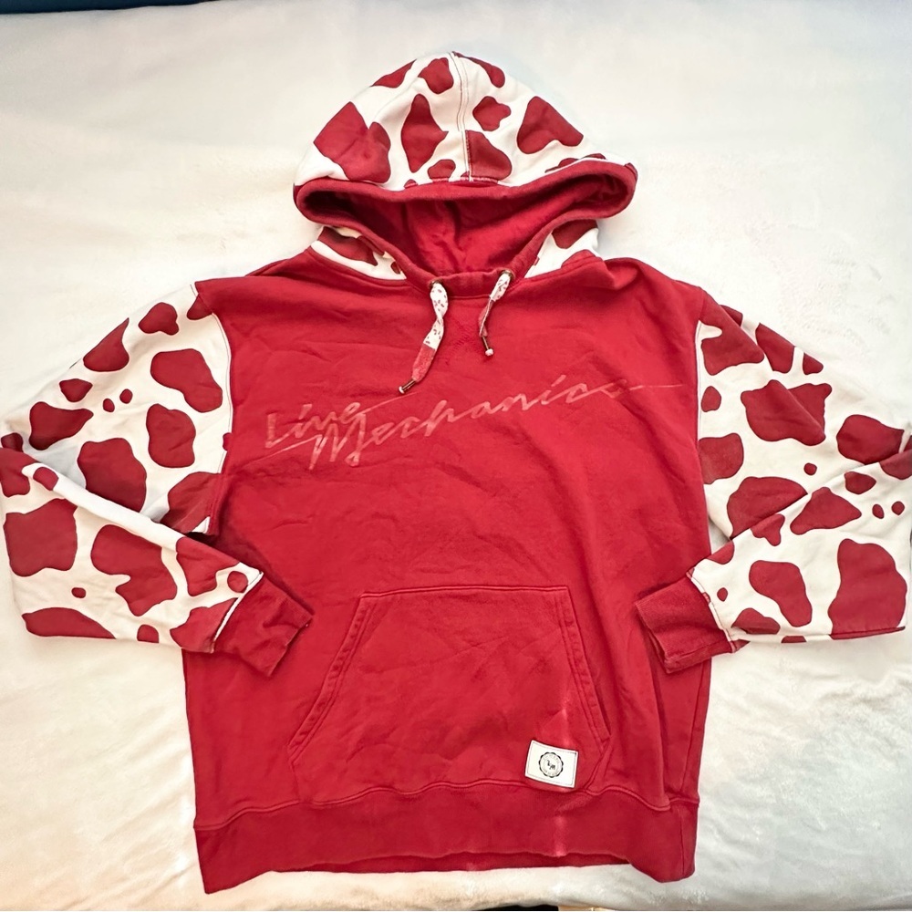 Live Mechanics Cow Print Hoodie Sweatshirt Mens XXL Red White Streetwear Hooded